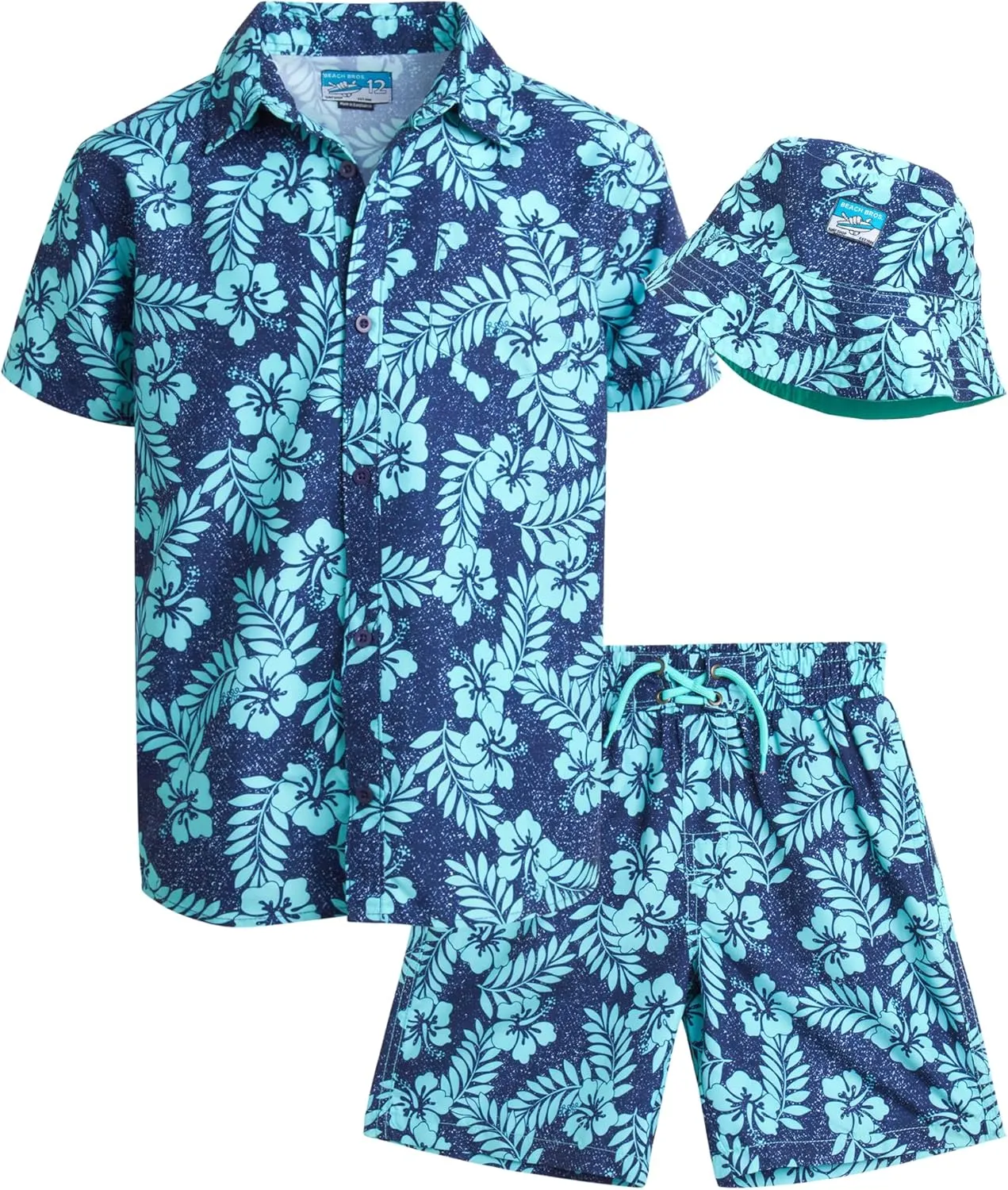 Boys Summer Shorts Set - 3 Piece Button Down Hawaiian Shirt, Swim Trunks, Bucket Hat - Boys Hawaiian Outfit, 5-14