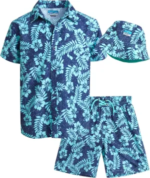 Boys Summer Shorts Set - 3 Piece Button Down Hawaiian Shirt, Swim Trunks, Bucket Hat - Boys Hawaiian Outfit, 5-14