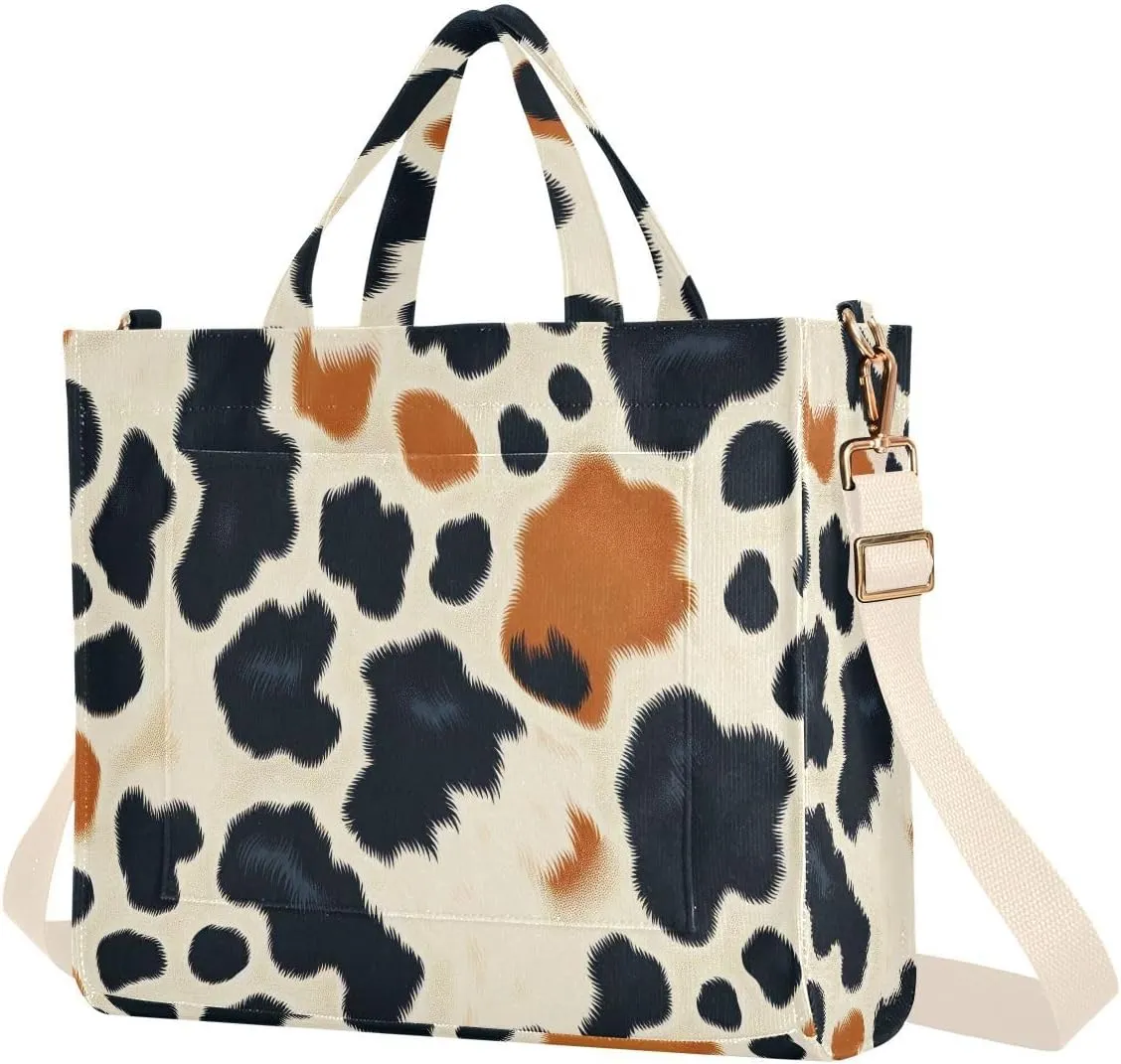 Brown Cow Print Corduroy Tote Bag for Women Hobo Crossbody Bag Purse Stylish Shoulder Handbag Messenger Bags, S