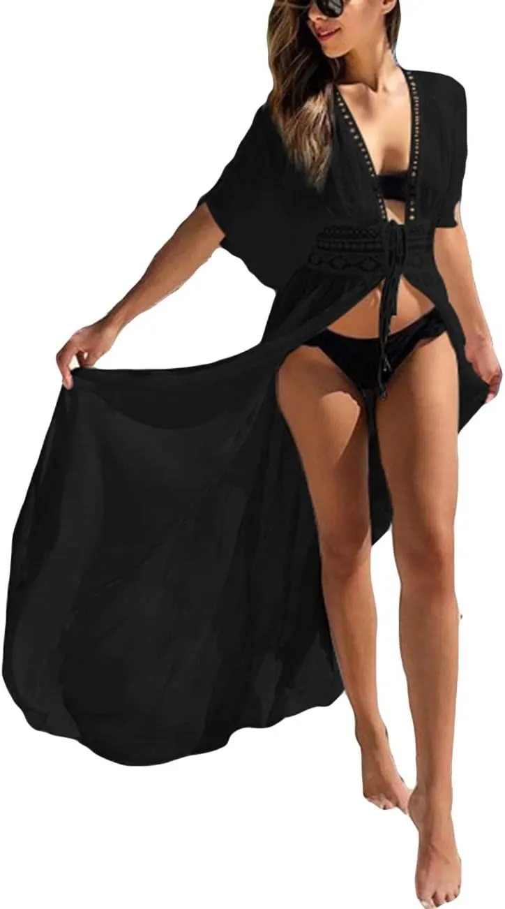 Bsubseach Beach Coverup Women Bathing Suit Tie Front Long Coverups Lace Kimonos Sexy Swimsuit Resort Wear Vacation Essentials