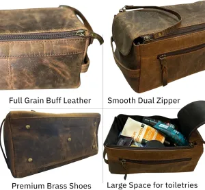 Buffalo Leather Toiletry Bag | Vintage Travel Shaving & Dopp Kit For Toiletries, Cosmetics & More | Spacious Interior, Waterproof Lining | Compact & Fits Easily in Luggage