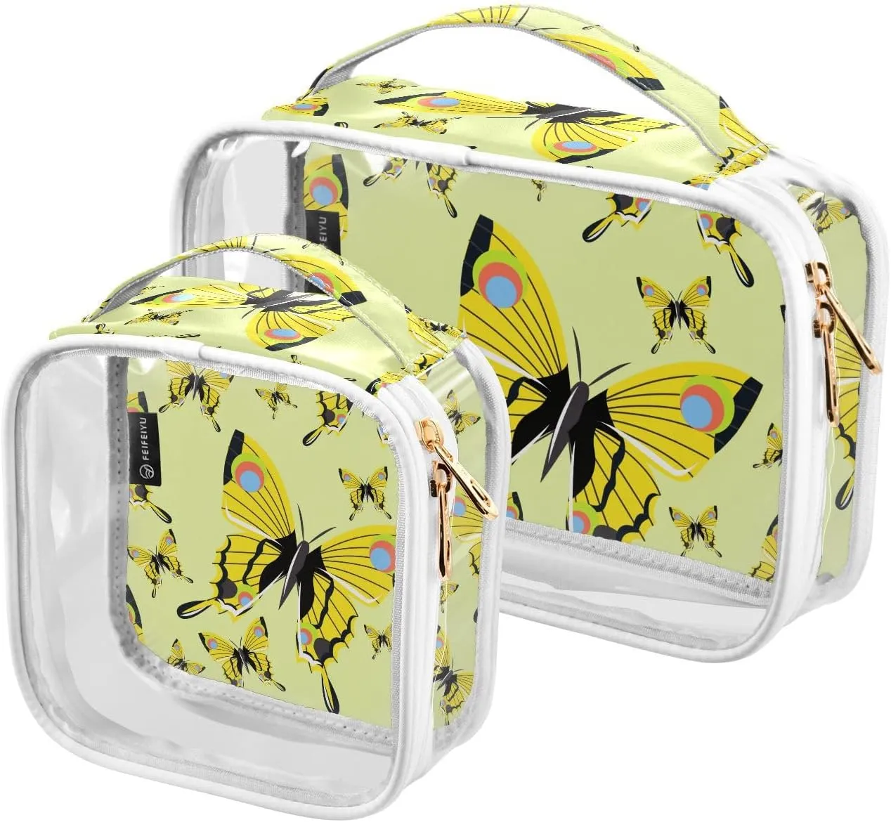 Butterflies Yellow 2 Pieces Clear Makeup Cosmetic Bags for Traveling Vacation Organizing, Toiletry Bags for Women Men, PVC Waterproof Travel Organizer