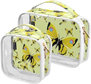 Butterflies Yellow 2 Pieces Clear Makeup Cosmetic Bags for Traveling Vacation Organizing, Toiletry Bags for Women Men, PVC Waterproof Travel Organizer
