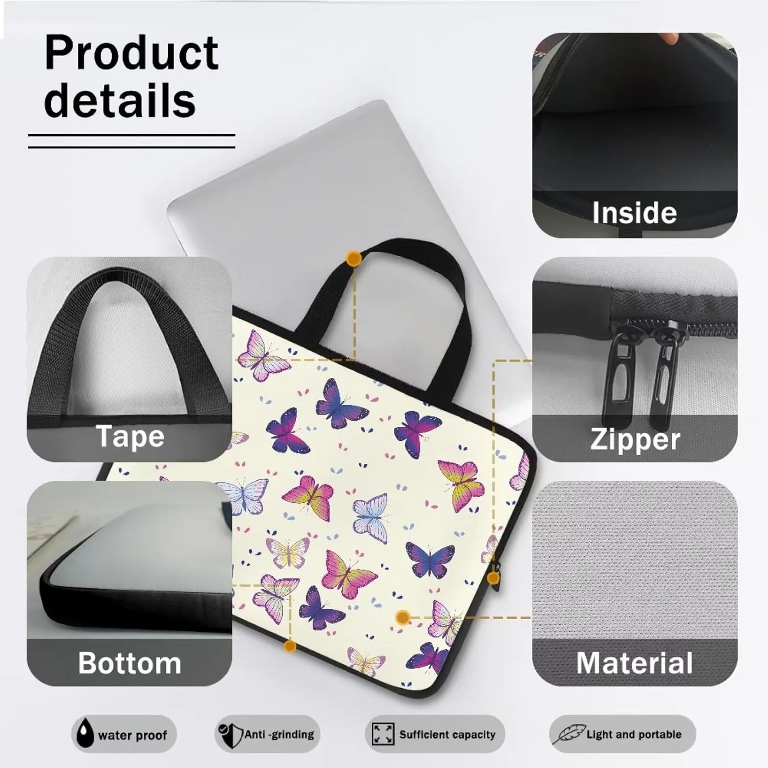 Butterfly Print Laptop Bag 16inch  Fashion Laptop Tote Bag for Women Briefcases Laptop Sleeve Messenger Bags for Men and Women Travel Office School College Satchel Bag, Butterflies