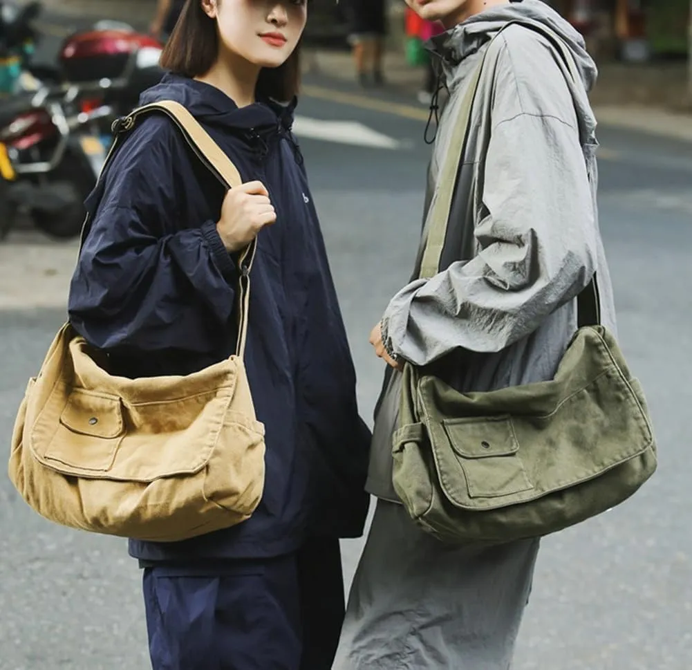 Canvas Messenger Bag for Women Men Canvas Crossbody Bag Handbag Vintage Satchel Bag Purse Shoulder Bag with Multiple Pockets
