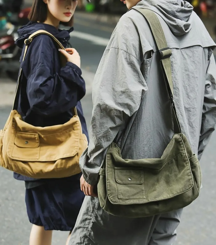 Canvas Messenger Bag for Women Men Canvas Crossbody Bag Handbag Vintage Satchel Bag Purse Shoulder Bag with Multiple Pockets