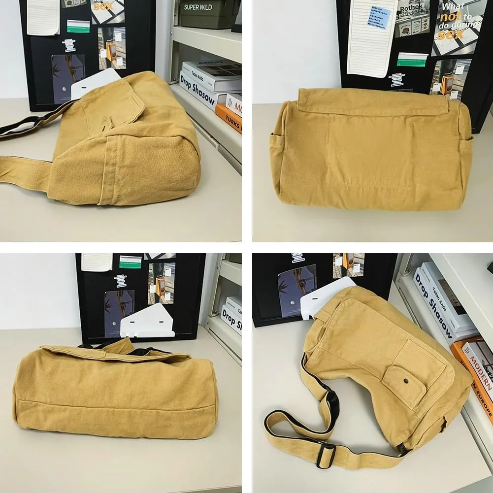 Canvas Messenger Bag for Women Men Canvas Crossbody Bag Handbag Vintage Satchel Bag Purse Shoulder Bag with Multiple Pockets