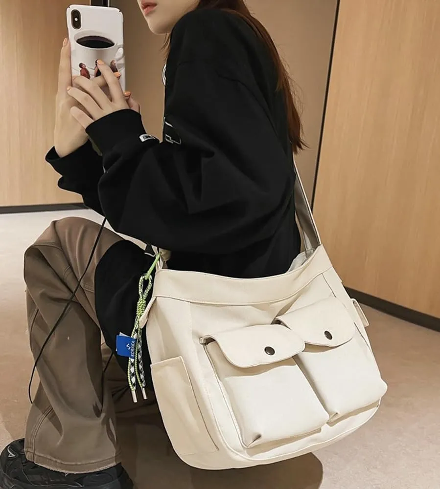 Canvas Messenger Bag for Women Men Canvas Crossbody Bag Handbag Vintage Satchel Bag Purse Shoulder Bag with Multiple Pockets