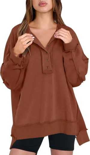 Caracilia Women's Oversized Sweatshirts Long Sleeve Henley Button Down Pullover Hoodies Tunic Tops 2025 Trendy Fall Clothes