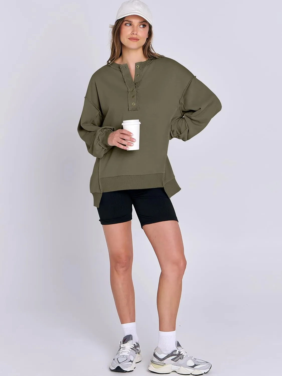 Caracilia Women's Oversized Sweatshirts Long Sleeve Henley Button Down Pullover Hoodies Tunic Tops 2025 Trendy Fall Clothes