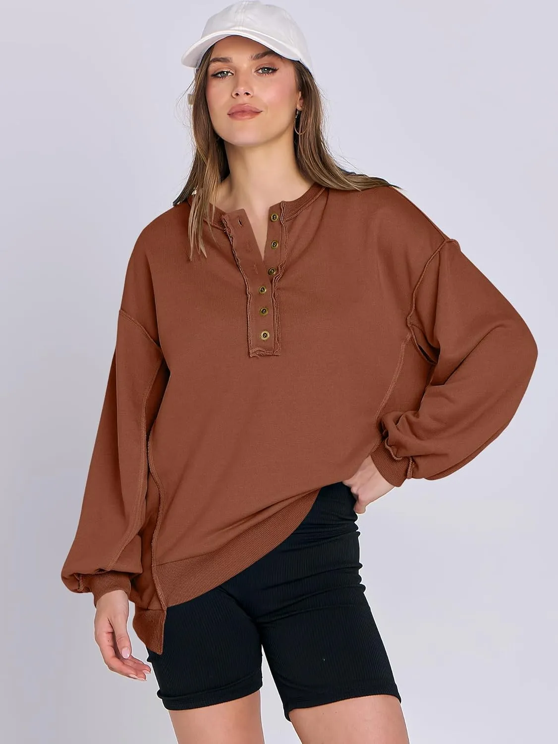 Caracilia Women's Oversized Sweatshirts Long Sleeve Henley Button Down Pullover Hoodies Tunic Tops 2025 Trendy Fall Clothes