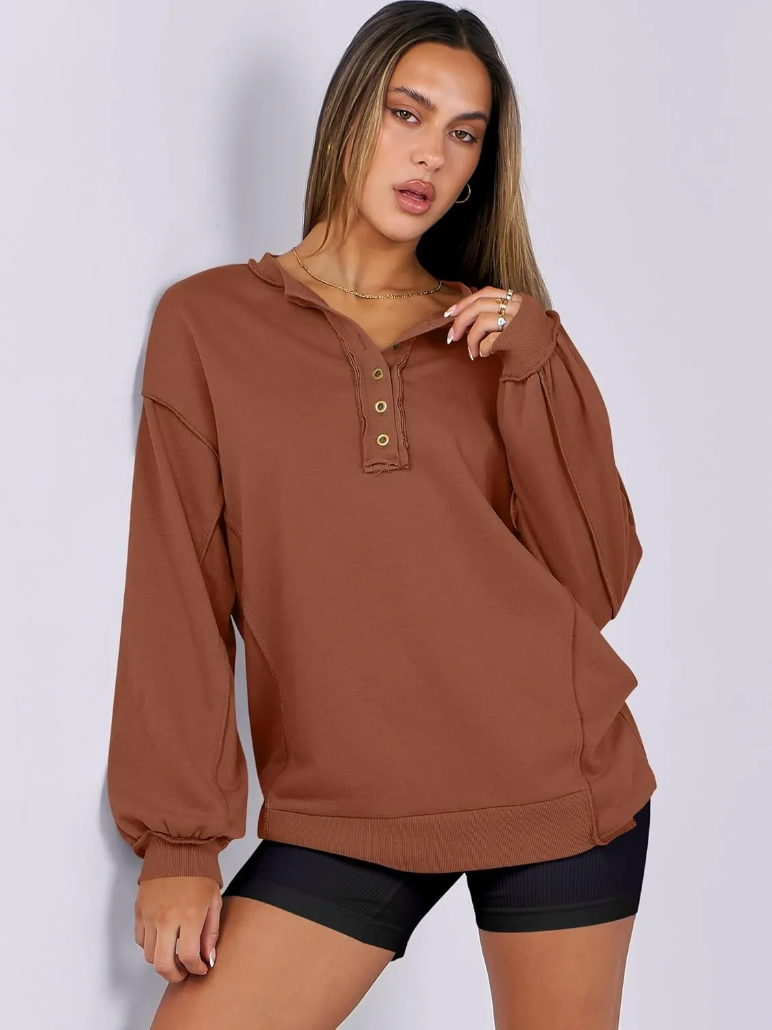 Caracilia Women's Oversized Sweatshirts Long Sleeve Henley Button Down Pullover Hoodies Tunic Tops 2025 Trendy Fall Clothes