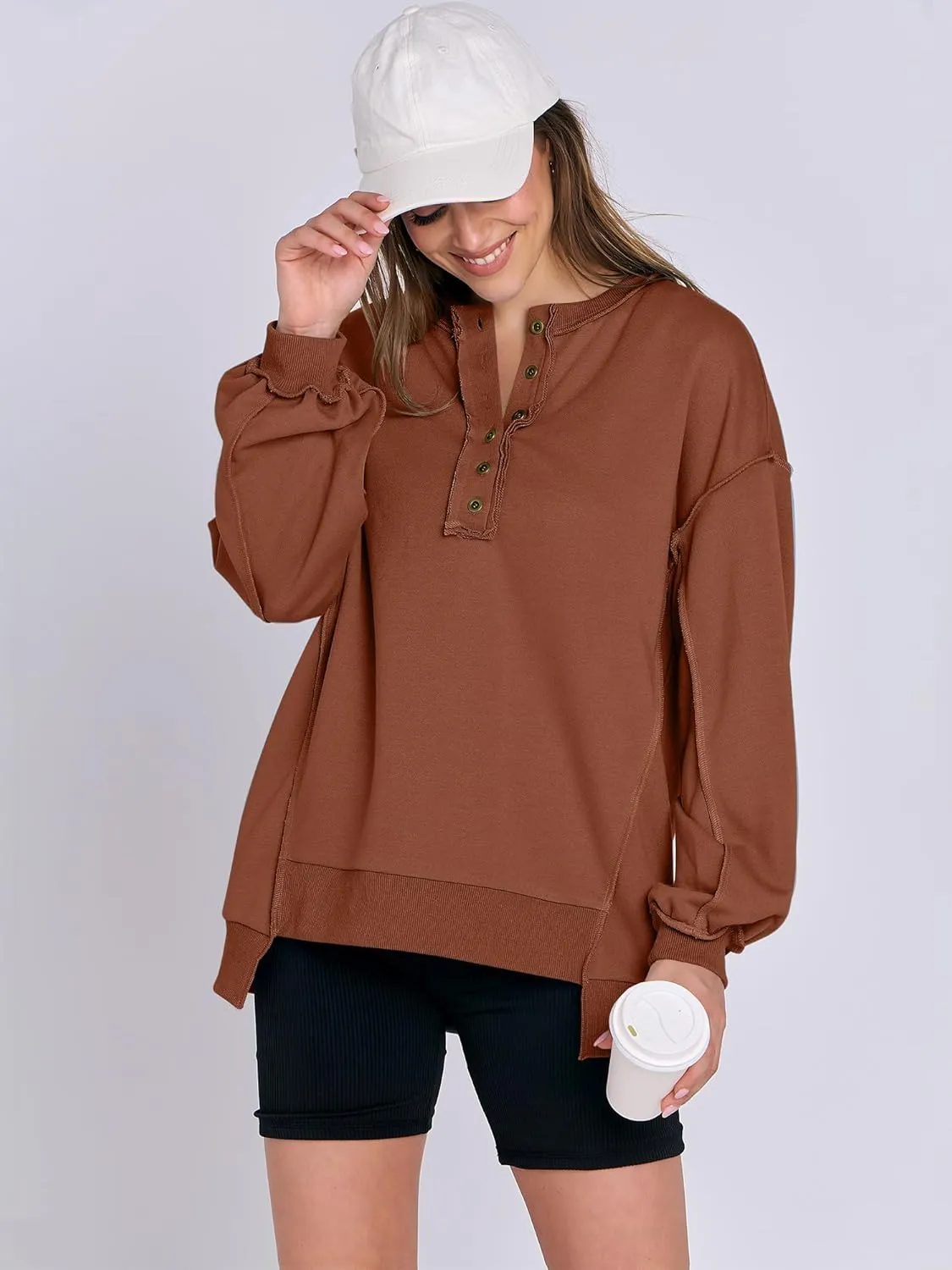 Caracilia Women's Oversized Sweatshirts Long Sleeve Henley Button Down Pullover Hoodies Tunic Tops 2025 Trendy Fall Clothes