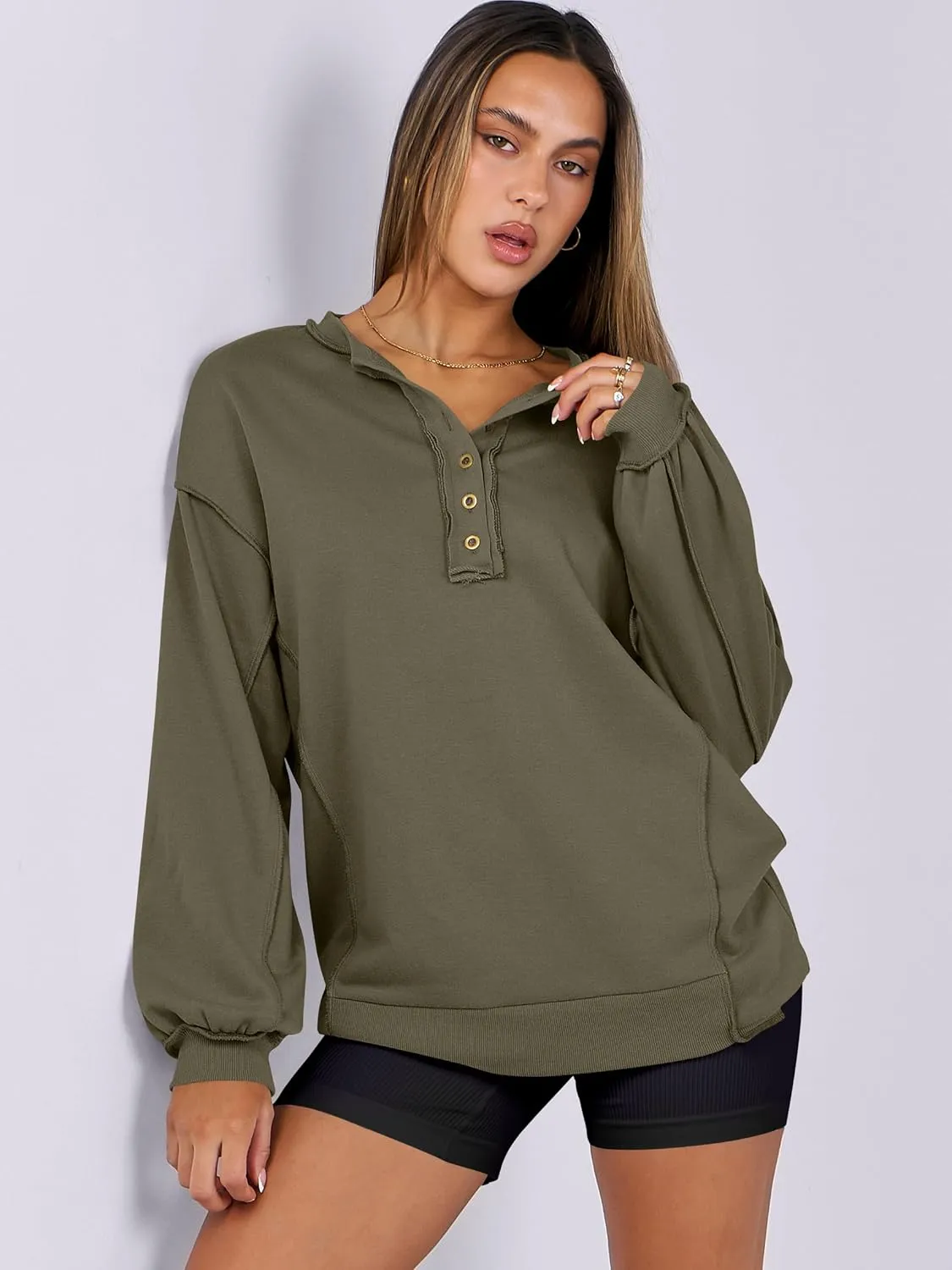 Caracilia Women's Oversized Sweatshirts Long Sleeve Henley Button Down Pullover Hoodies Tunic Tops 2025 Trendy Fall Clothes