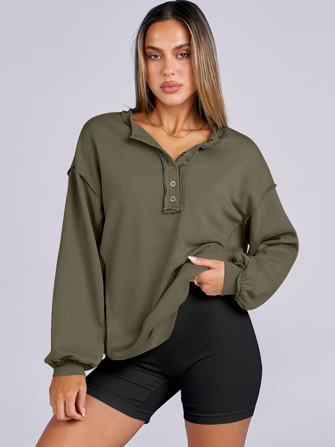 Caracilia Women's Oversized Sweatshirts Long Sleeve Henley Button Down Pullover Hoodies Tunic Tops 2025 Trendy Fall Clothes