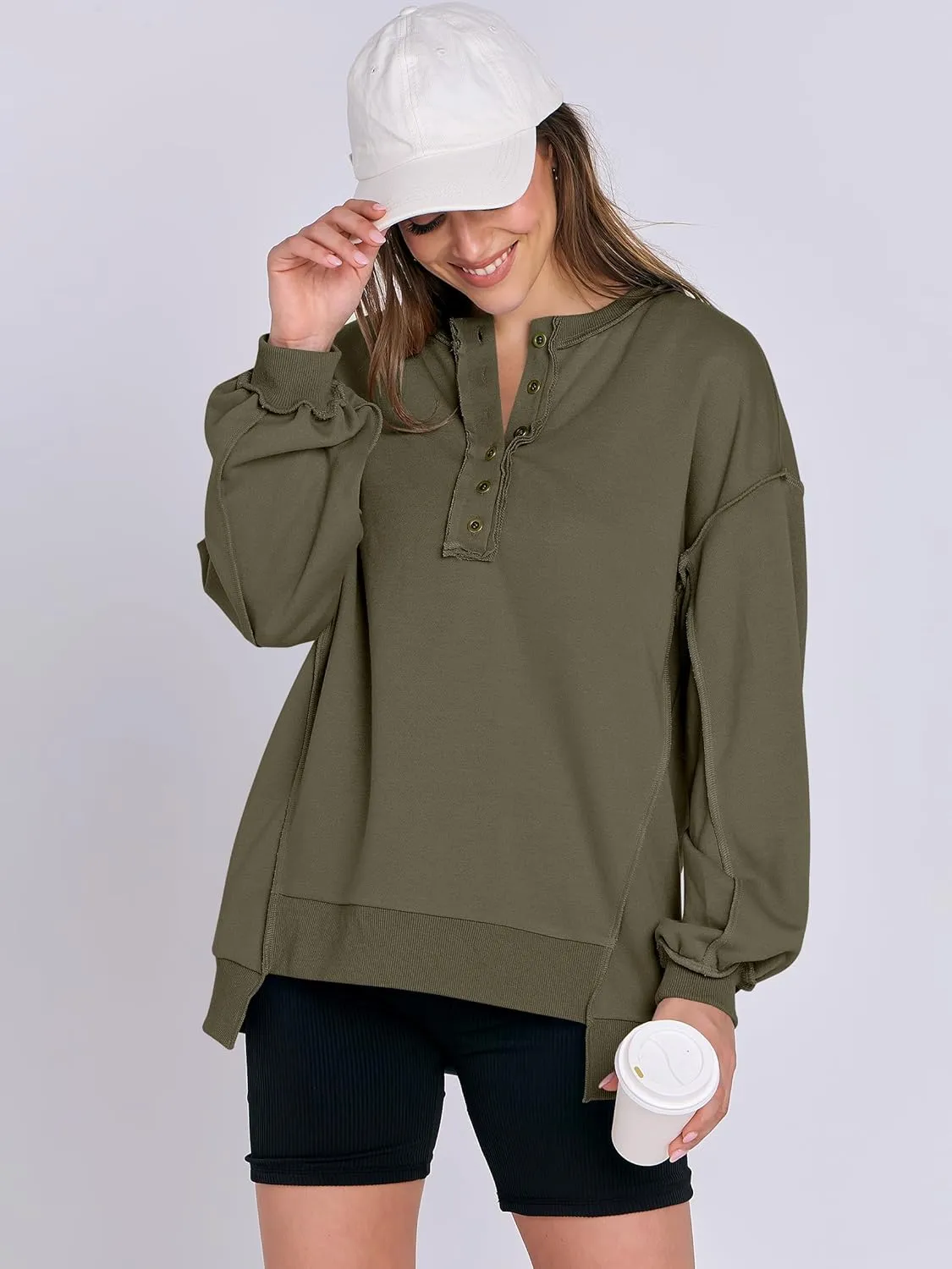 Caracilia Women's Oversized Sweatshirts Long Sleeve Henley Button Down Pullover Hoodies Tunic Tops 2025 Trendy Fall Clothes