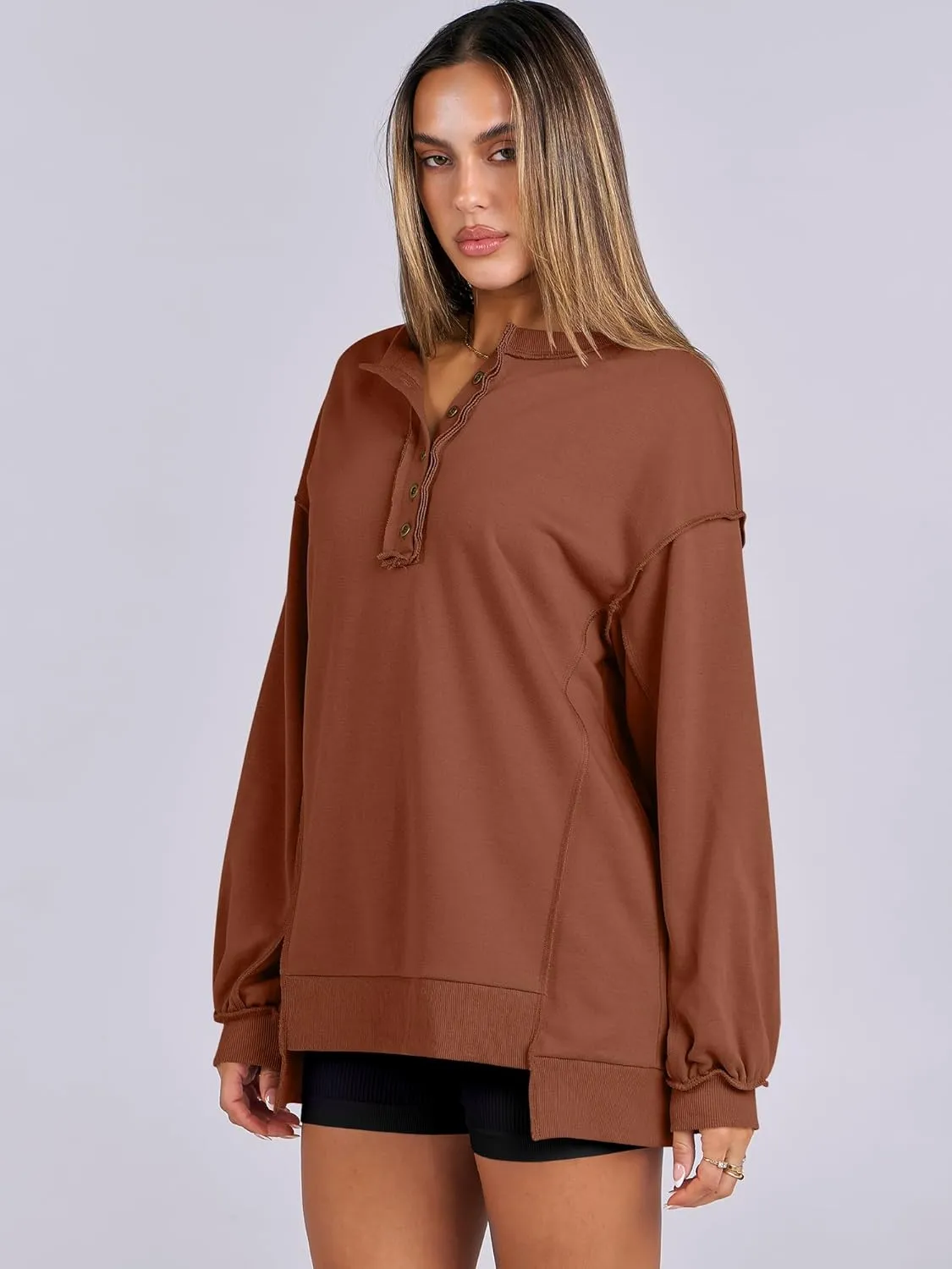 Caracilia Women's Oversized Sweatshirts Long Sleeve Henley Button Down Pullover Hoodies Tunic Tops 2025 Trendy Fall Clothes