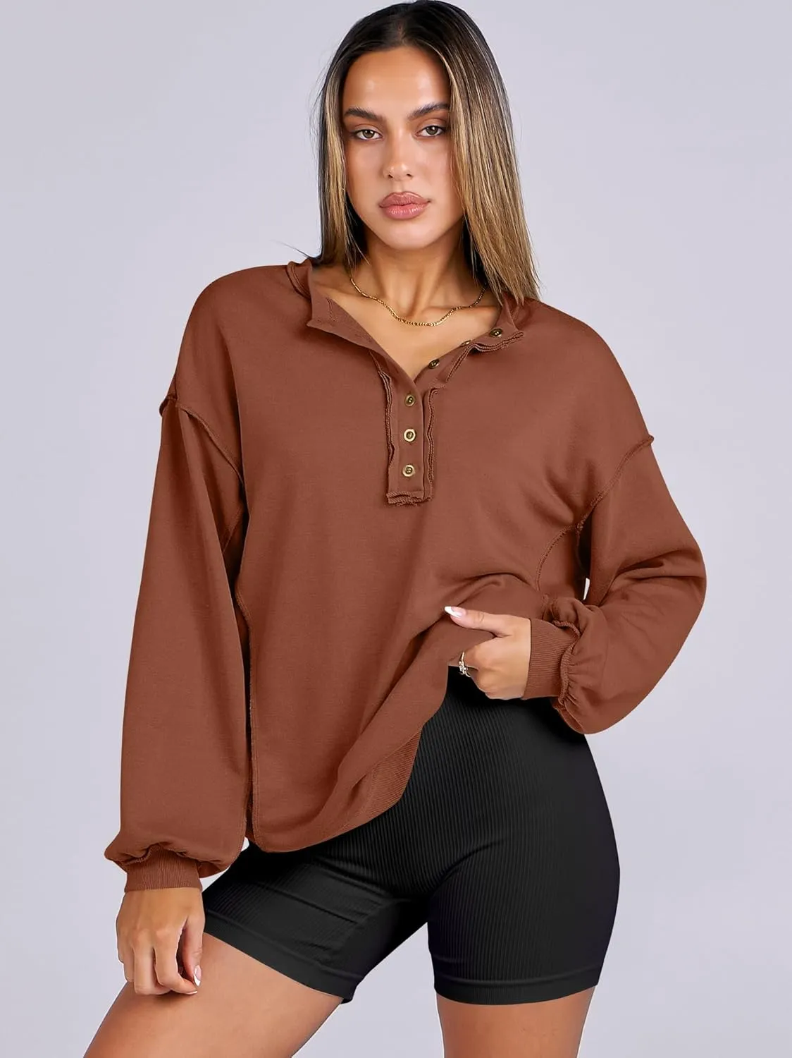 Caracilia Women's Oversized Sweatshirts Long Sleeve Henley Button Down Pullover Hoodies Tunic Tops 2025 Trendy Fall Clothes