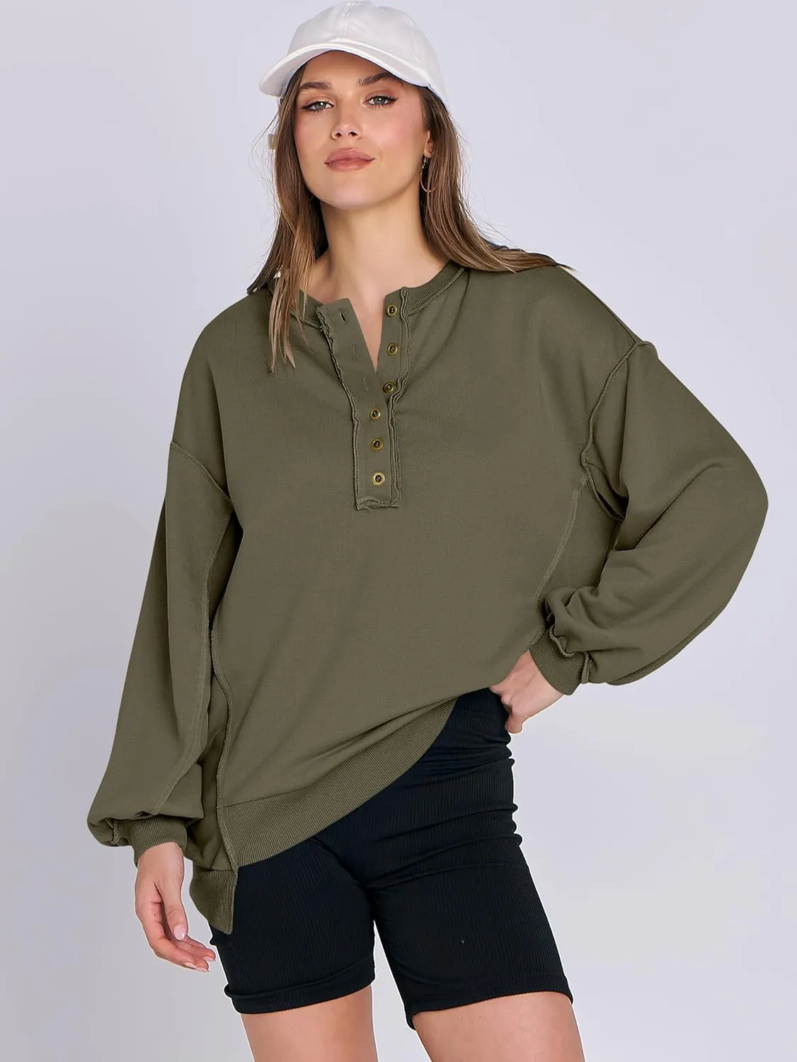 Caracilia Women's Oversized Sweatshirts Long Sleeve Henley Button Down Pullover Hoodies Tunic Tops 2025 Trendy Fall Clothes