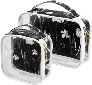 Carnation-black-white-pattern 2 Pieces Clear Makeup Cosmetic Bags for Traveling Vacation Organizing, Toiletry Bags for Women Men, PVC Waterproof Travel Organizer