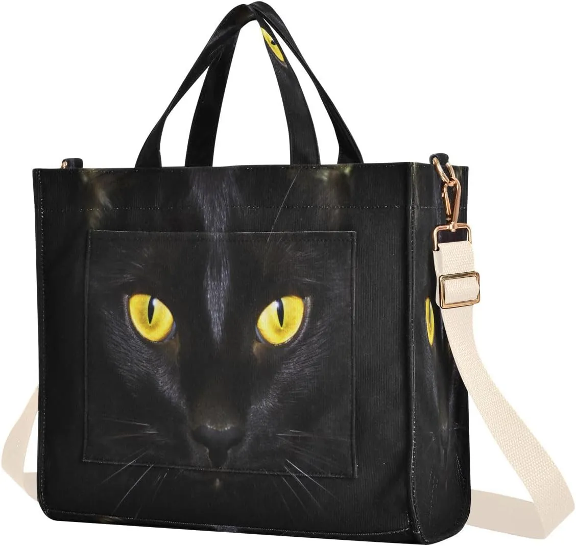 Cat Yellow Eyes Corduroy Tote Bag for Women Hobo Crossbody Bag Purse Stylish Shoulder Handbag Messenger Bags, S