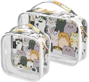 Cats Pattern 2 Pieces Clear Makeup Cosmetic Bags for Traveling Vacation Organizing, Toiletry Bags for Women Men, PVC Waterproof Travel Organizer