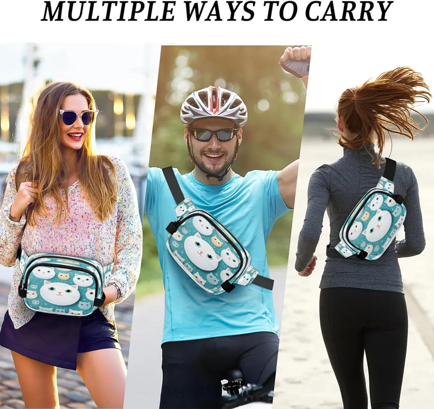 Cats Stars Pattern Waterproof Unisex Square Fanny Pack, Adjustable Waist Bag with Pockets, Sturdy Lightweight Crossbody Bag for Travel, Running, Hiking (9x6.1x2.5 Inches)