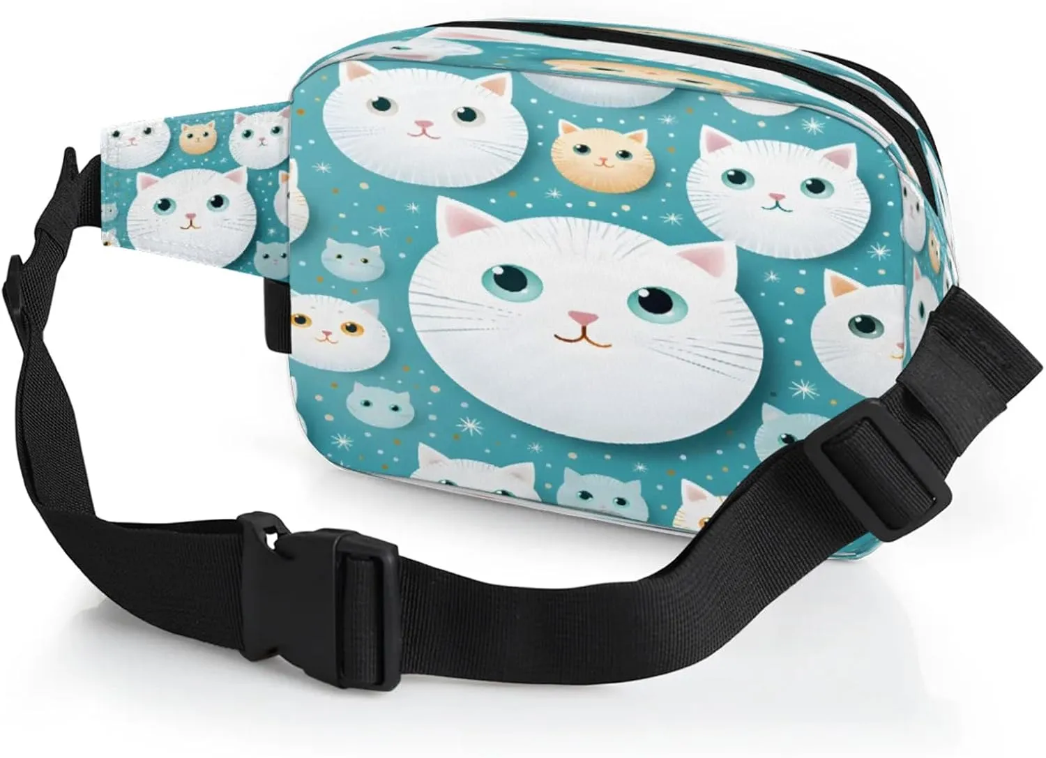 Cats Stars Pattern Waterproof Unisex Square Fanny Pack, Adjustable Waist Bag with Pockets, Sturdy Lightweight Crossbody Bag for Travel, Running, Hiking (9x6.1x2.5 Inches)