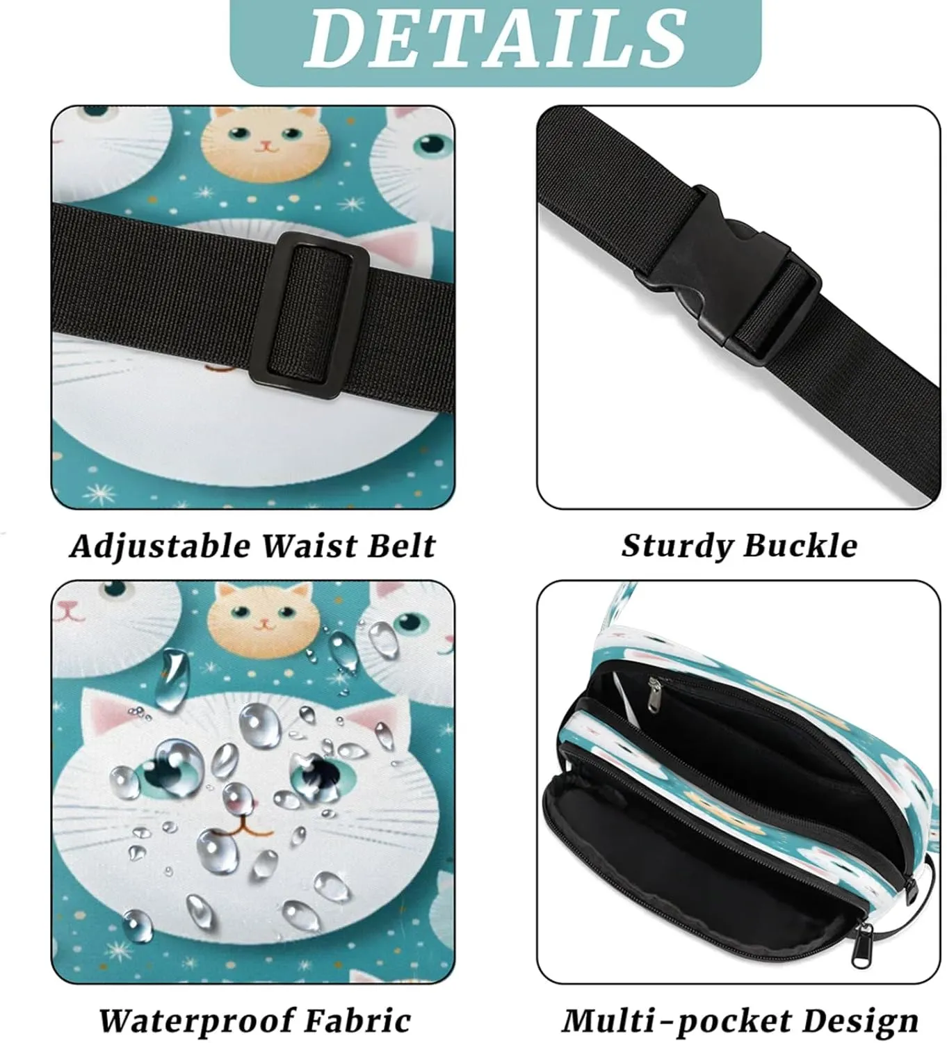 Cats Stars Pattern Waterproof Unisex Square Fanny Pack, Adjustable Waist Bag with Pockets, Sturdy Lightweight Crossbody Bag for Travel, Running, Hiking (9x6.1x2.5 Inches)