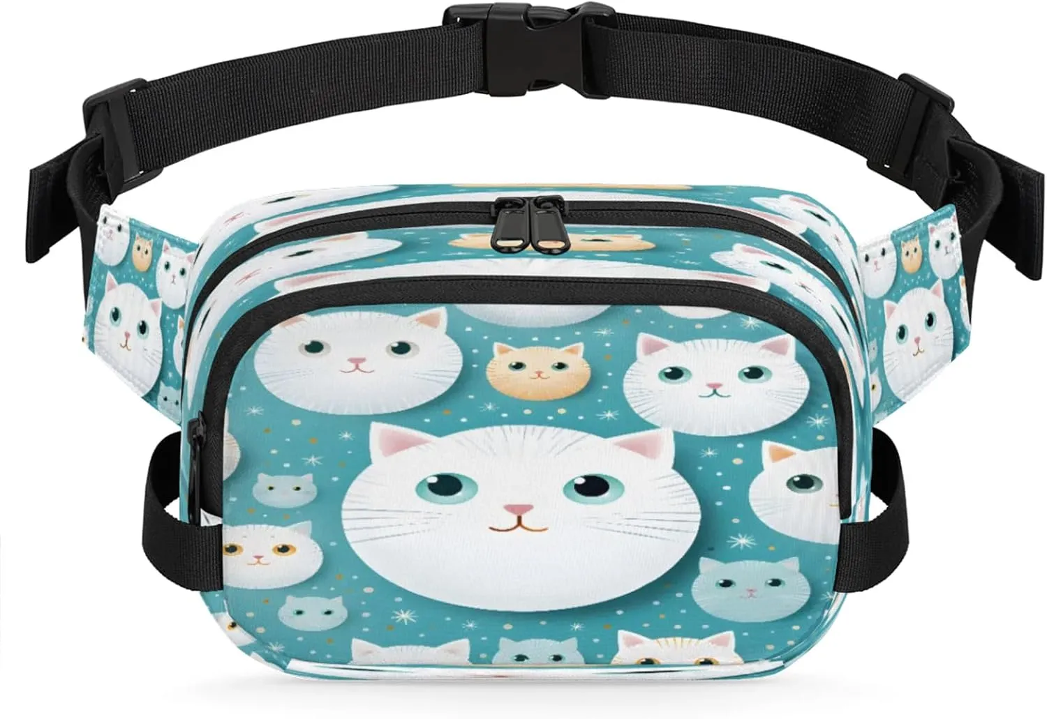 Cats Stars Pattern Waterproof Unisex Square Fanny Pack, Adjustable Waist Bag with Pockets, Sturdy Lightweight Crossbody Bag for Travel, Running, Hiking (9x6.1x2.5 Inches)