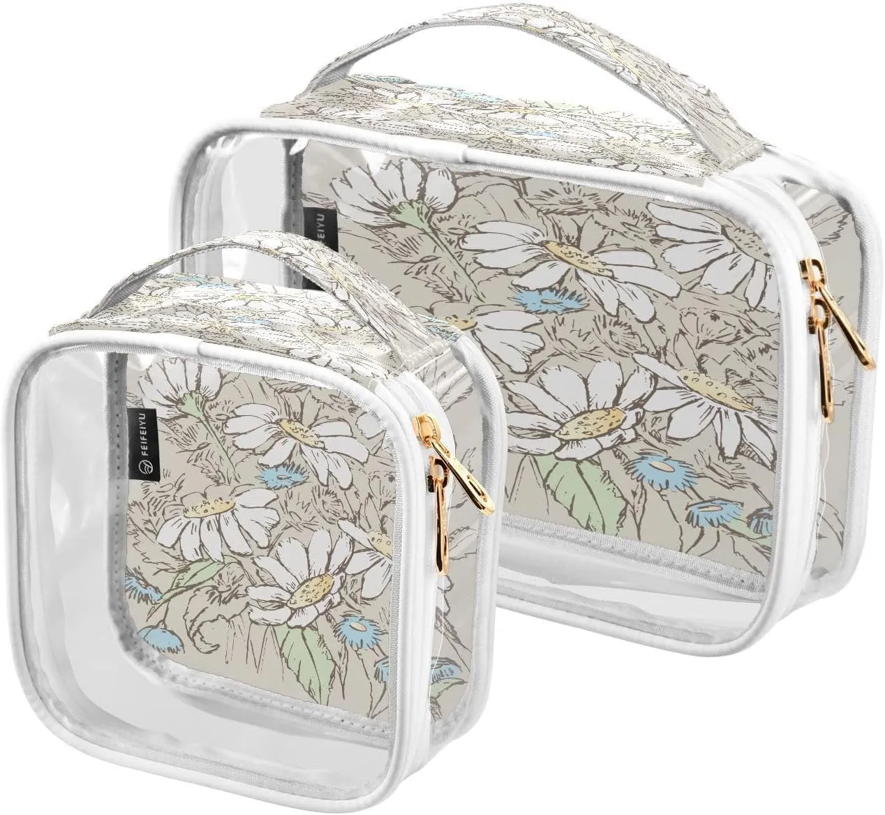 Chamomiles Daisies 2 Pieces Clear Makeup Cosmetic Bags for Traveling Vacation Organizing, Toiletry Bags for Women Men, PVC Waterproof Travel Organizer