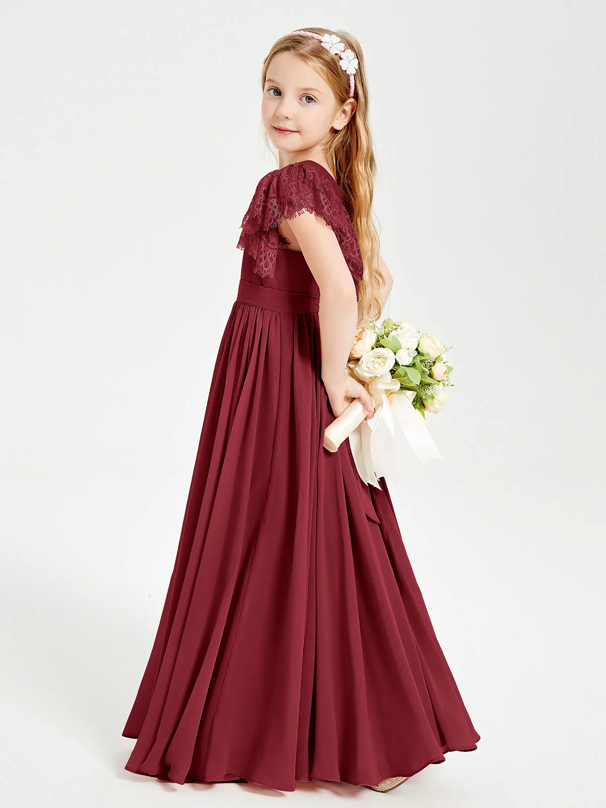 Chiffon Junior Bridesmaid Dresses Lace Flutter Sleeves Scoop Neck Burgundy