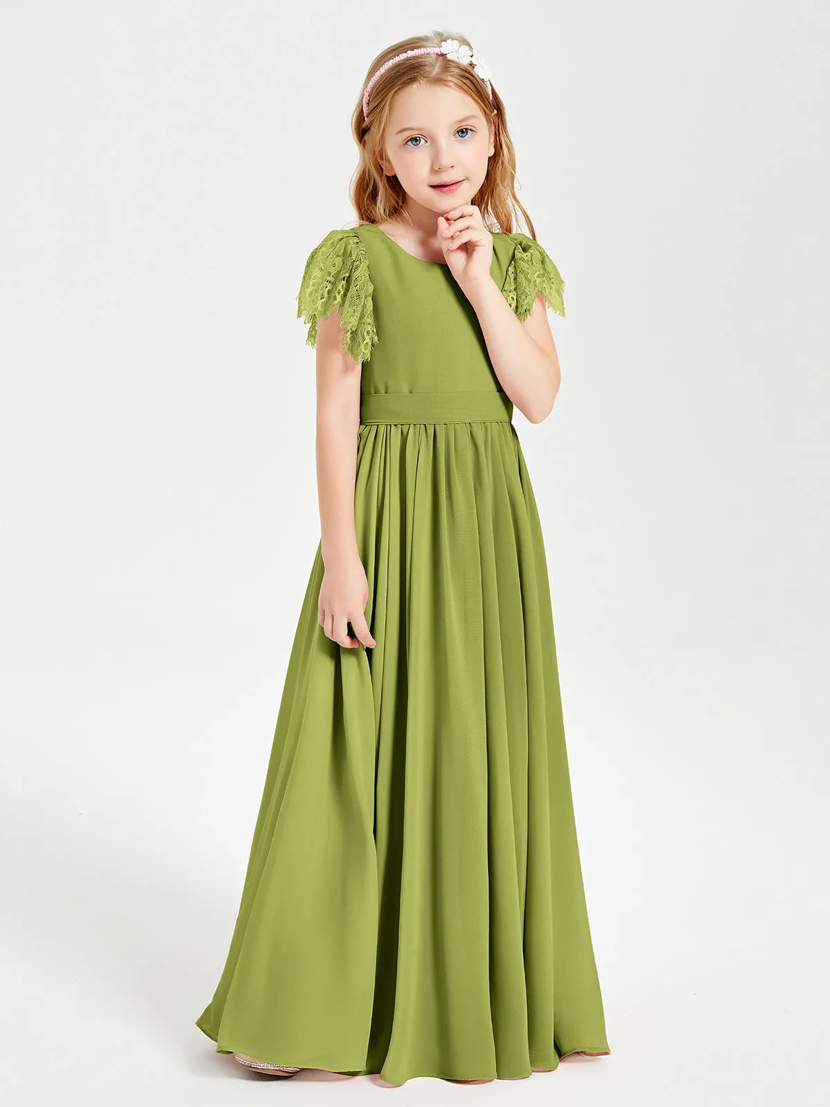 Chiffon Junior Bridesmaid Dresses Lace Flutter Sleeves Scoop Neck Clover