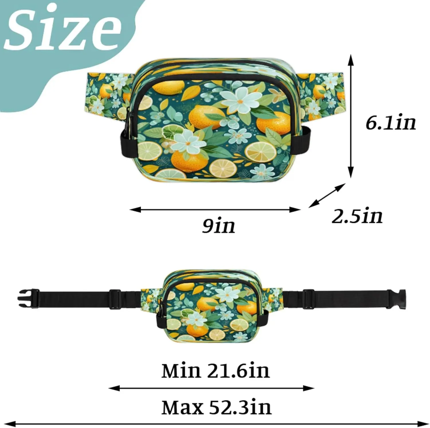 Citrus Bliss Waterproof Unisex Square Fanny Pack, Adjustable Waist Bag with Pockets, Sturdy Lightweight Crossbody Bag for Travel, Running, Hiking (9x6.1x2.5 Inches)
