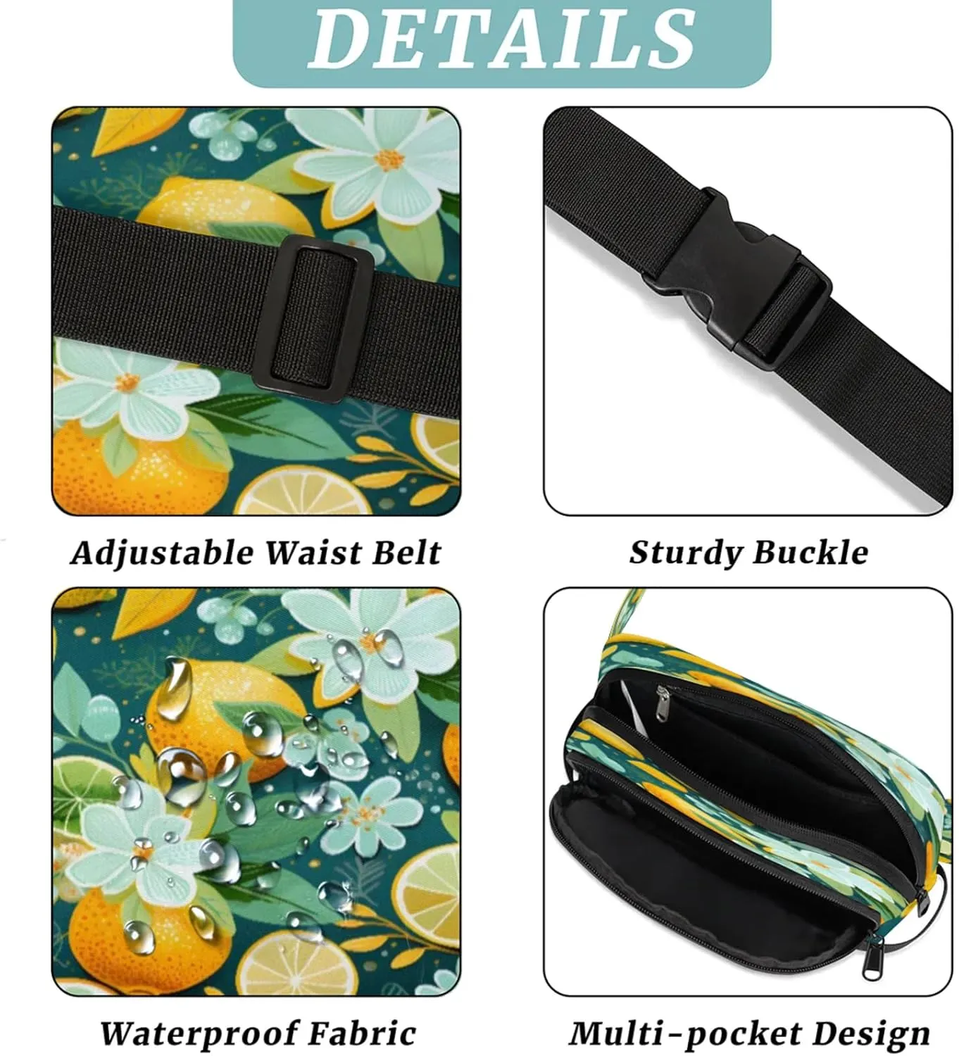 Citrus Bliss Waterproof Unisex Square Fanny Pack, Adjustable Waist Bag with Pockets, Sturdy Lightweight Crossbody Bag for Travel, Running, Hiking (9x6.1x2.5 Inches)