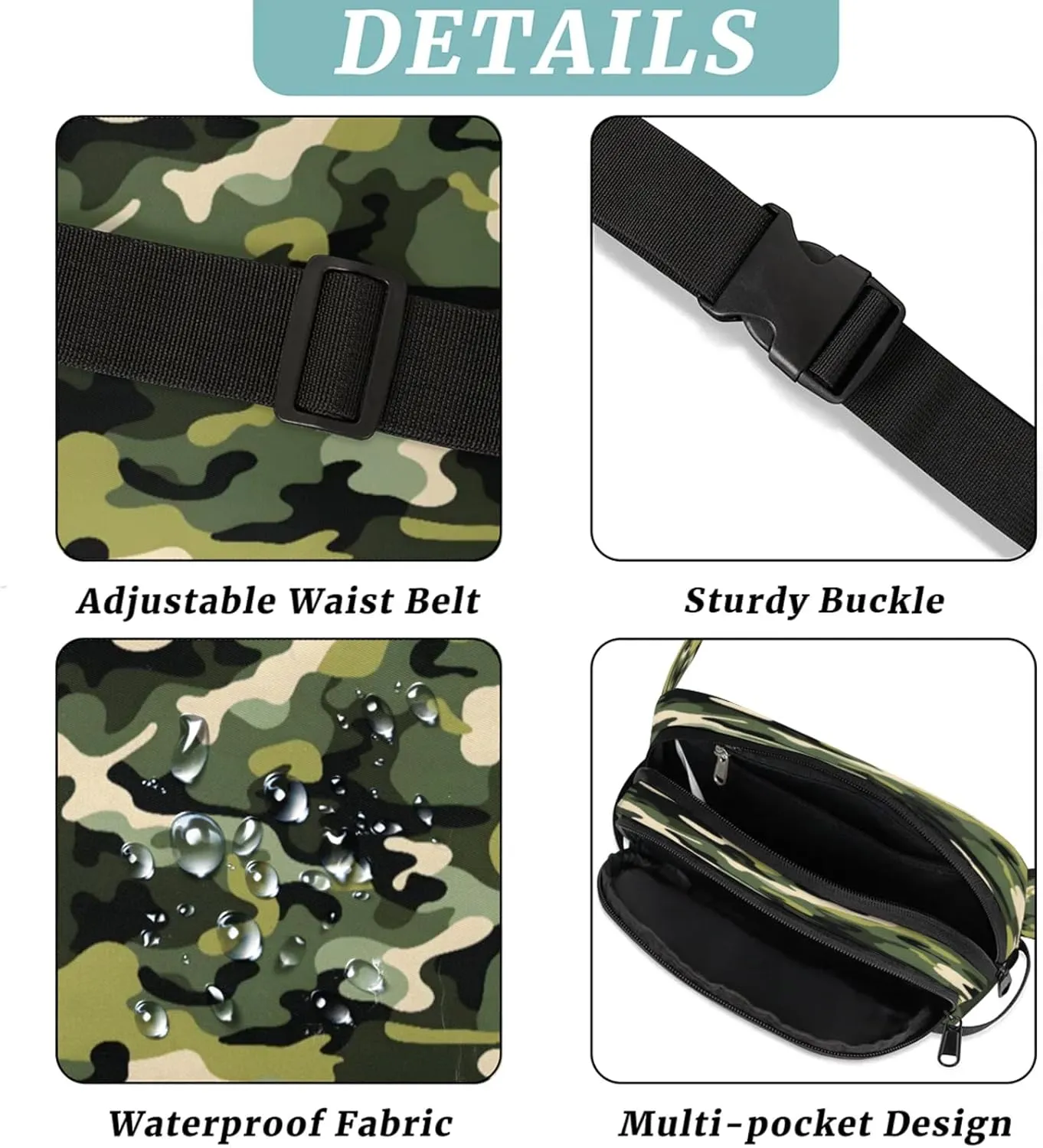 Classic Camouflage Waterproof Unisex Square Fanny Pack, Adjustable Waist Bag with Pockets, Sturdy Lightweight Crossbody Bag for Travel, Running, Hiking (9x6.1x2.5 Inches)