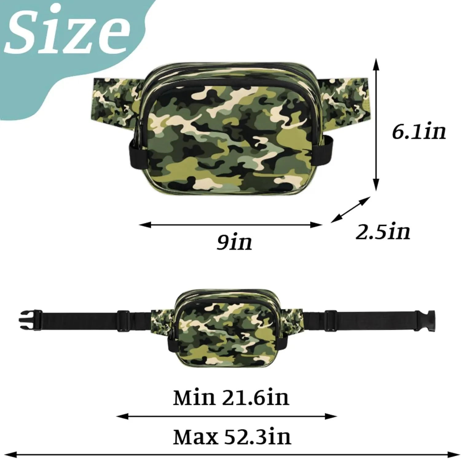 Classic Camouflage Waterproof Unisex Square Fanny Pack, Adjustable Waist Bag with Pockets, Sturdy Lightweight Crossbody Bag for Travel, Running, Hiking (9x6.1x2.5 Inches)