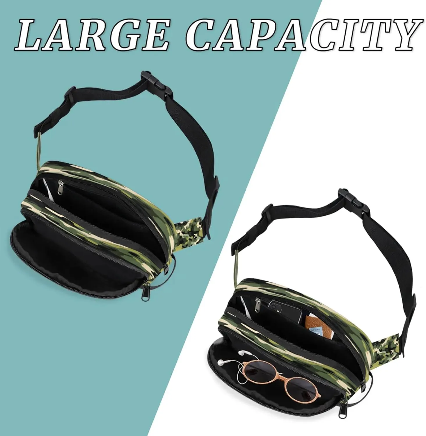 Classic Camouflage Waterproof Unisex Square Fanny Pack, Adjustable Waist Bag with Pockets, Sturdy Lightweight Crossbody Bag for Travel, Running, Hiking (9x6.1x2.5 Inches)