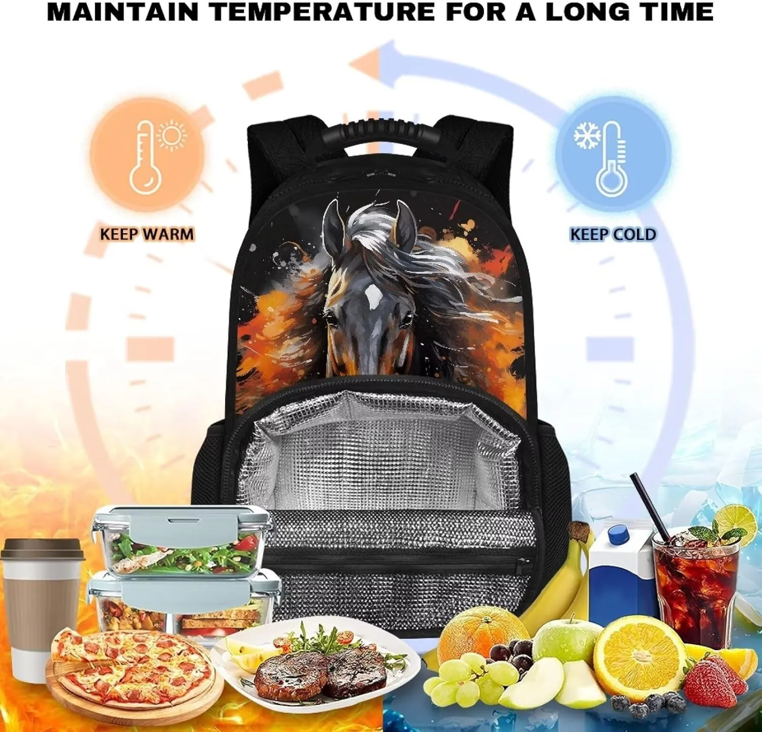 COEQINE Horse Kids Backpack And Lunch Box 5T Girls Lunch Backpack Leafproof Compartment Keep Book Clean And Food Cold Side Pocket Spacious Pocket Protector Paperback