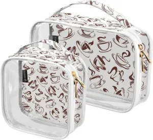 Coffee Cups Pattern 2 Pieces Clear Makeup Cosmetic Bags for Traveling Vacation Organizing, Toiletry Bags for Women Men, PVC Waterproof Travel Organizer