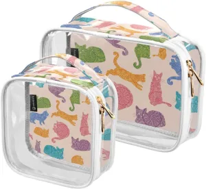 Colorful Cats 2 Pieces Clear Makeup Cosmetic Bags for Traveling Vacation Organizing, Toiletry Bags for Women Men, PVC Waterproof Travel Organizer