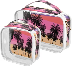Colorful Palms 2 Pieces Clear Makeup Cosmetic Bags for Traveling Vacation Organizing, Toiletry Bags for Women Men, PVC Waterproof Travel Organizer