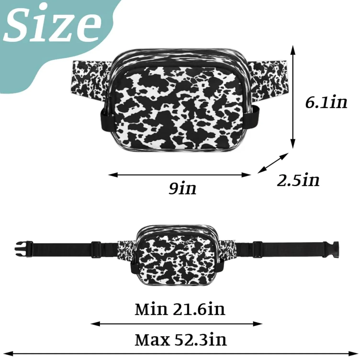 Cow Spots Waterproof Unisex Square Fanny Pack, Adjustable Waist Bag with Pockets, Sturdy Lightweight Crossbody Bag for Travel, Running, Hiking (9x6.1x2.5 Inches)