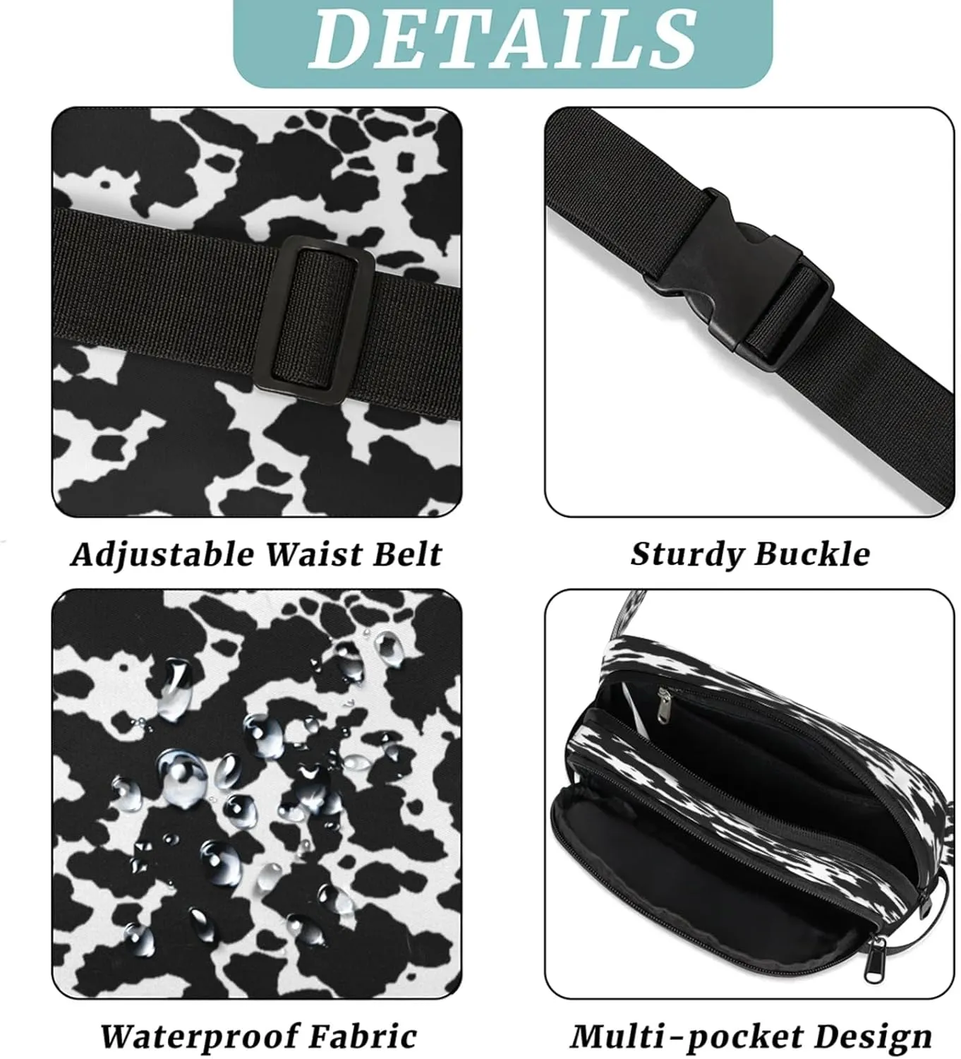 Cow Spots Waterproof Unisex Square Fanny Pack, Adjustable Waist Bag with Pockets, Sturdy Lightweight Crossbody Bag for Travel, Running, Hiking (9x6.1x2.5 Inches)