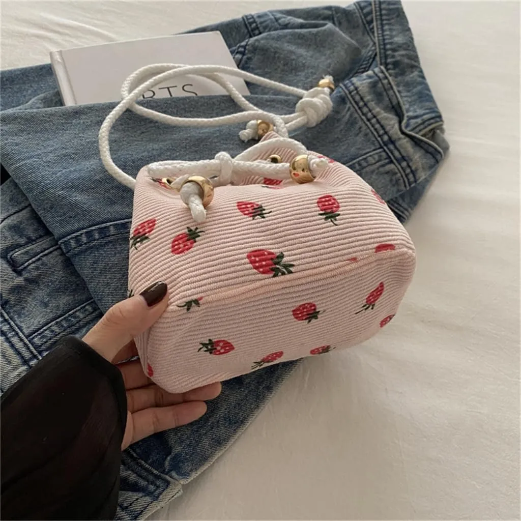 Creative Drawstring Crossbody Bag In Strawberry Print Large Capacity Bucket Shoulder Bags Satchel ForTrendsetters