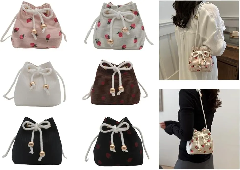 Creative Drawstring Crossbody Bag In Strawberry Print Large Capacity Bucket Shoulder Bags Satchel ForTrendsetters