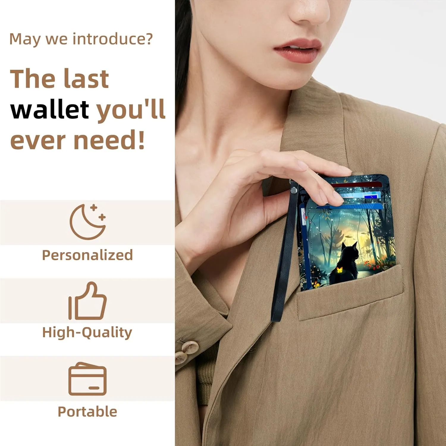 Credit Holder Slim Wallet, PU Leather RFID Blocking, Women & Men Front Pocket Black Cat Forest Small Card Holder, Credit Card Wallet with Wristlet, Convenient Travel Business
