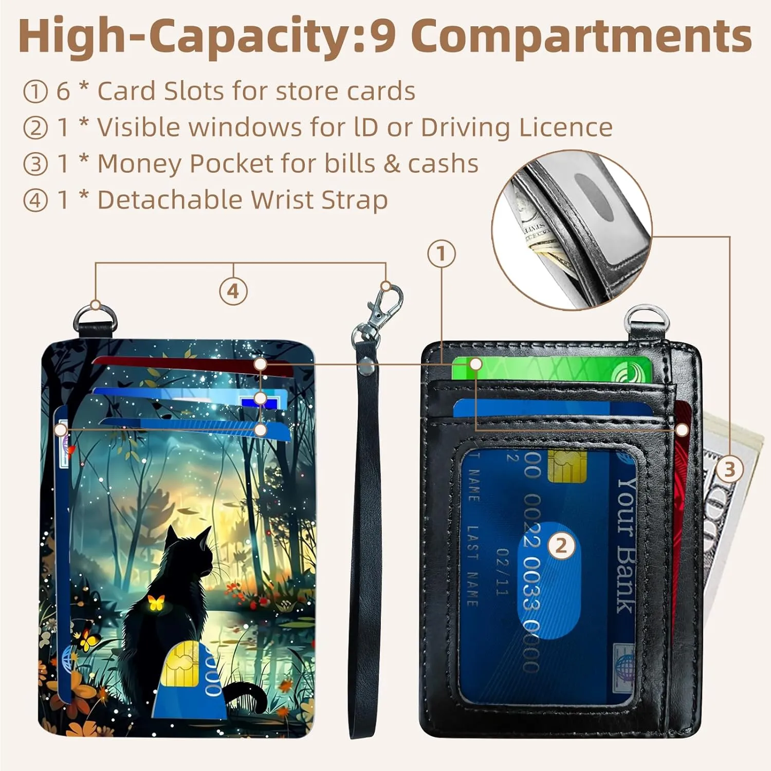 Credit Holder Slim Wallet, PU Leather RFID Blocking, Women & Men Front Pocket Black Cat Forest Small Card Holder, Credit Card Wallet with Wristlet, Convenient Travel Business