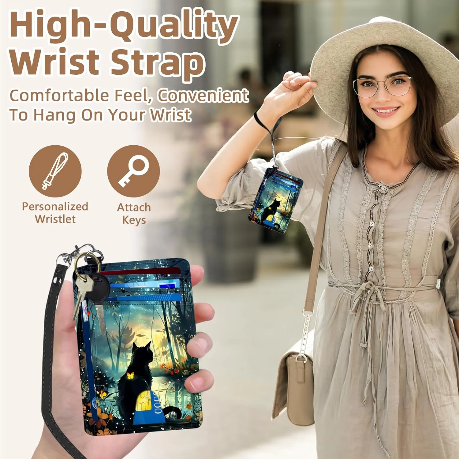 Credit Holder Slim Wallet, PU Leather RFID Blocking, Women & Men Front Pocket Black Cat Forest Small Card Holder, Credit Card Wallet with Wristlet, Convenient Travel Business