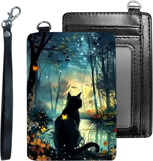 Credit Holder Slim Wallet, PU Leather RFID Blocking, Women & Men Front Pocket Black Cat Forest Small Card Holder, Credit Card Wallet with Wristlet, Convenient Travel Business